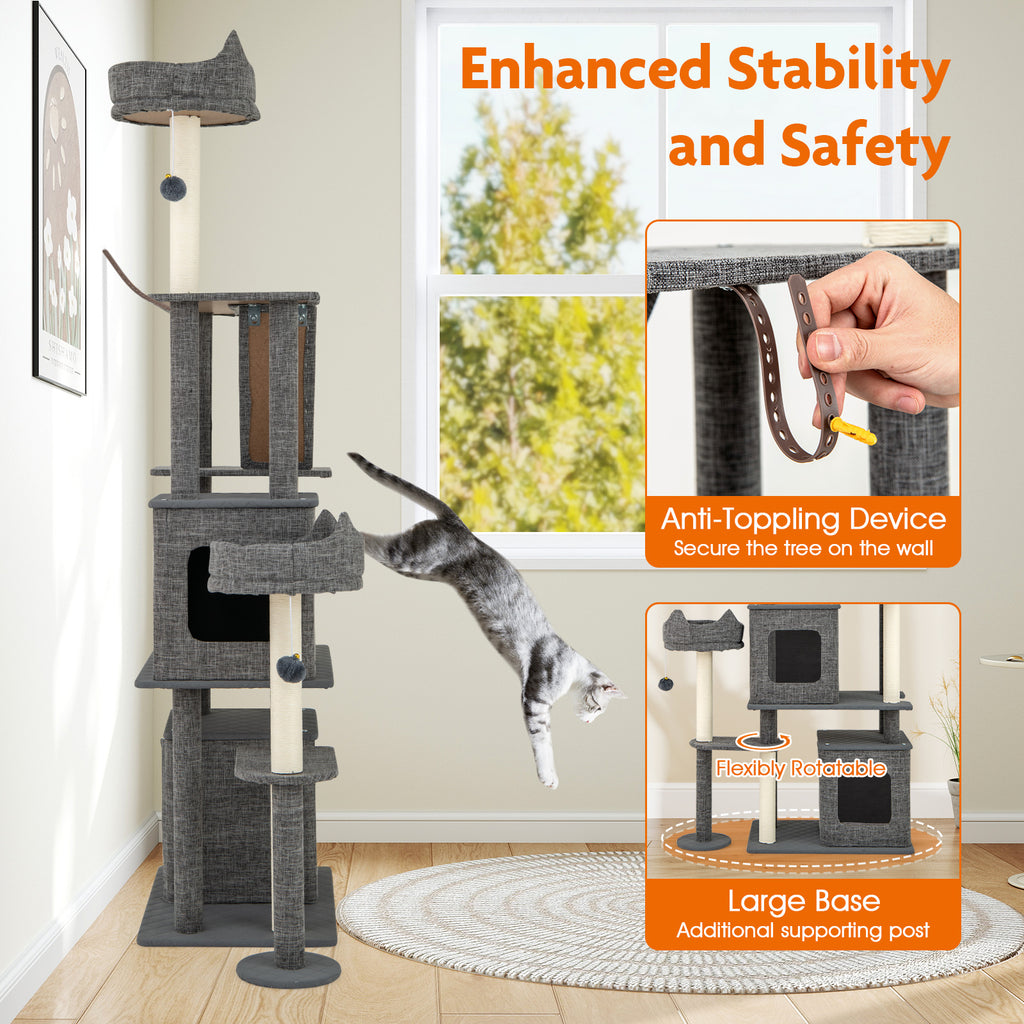Gray 71 Inch Tall Multi-Level Cat Tree Tower with Scratching Posts and Condos