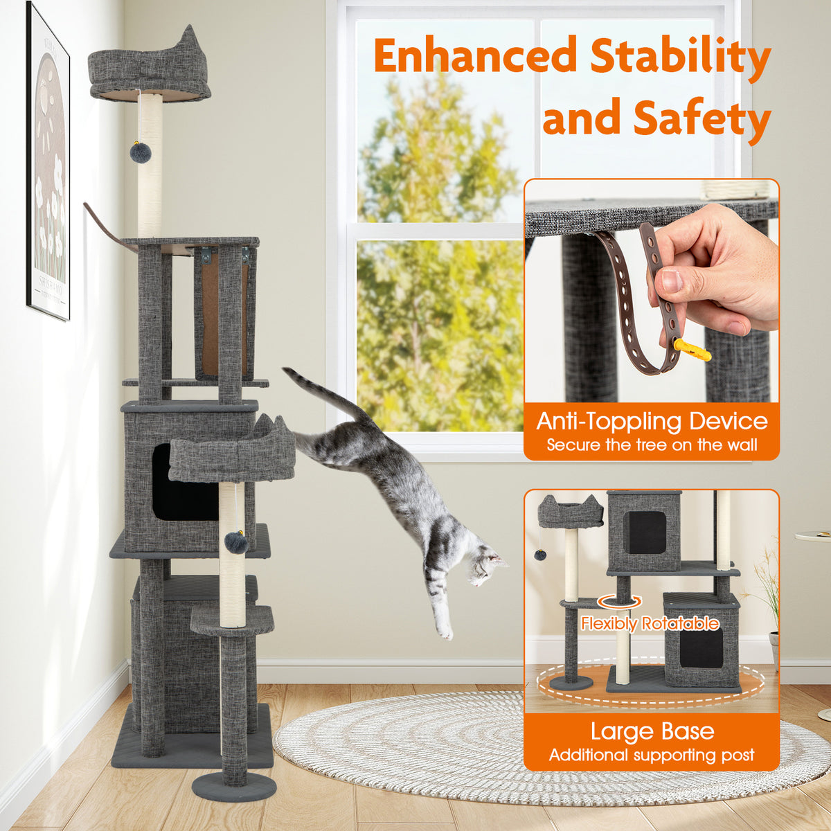Gray 71 Inch Tall Multi-Level Cat Tree Tower with Scratching Posts and Condos