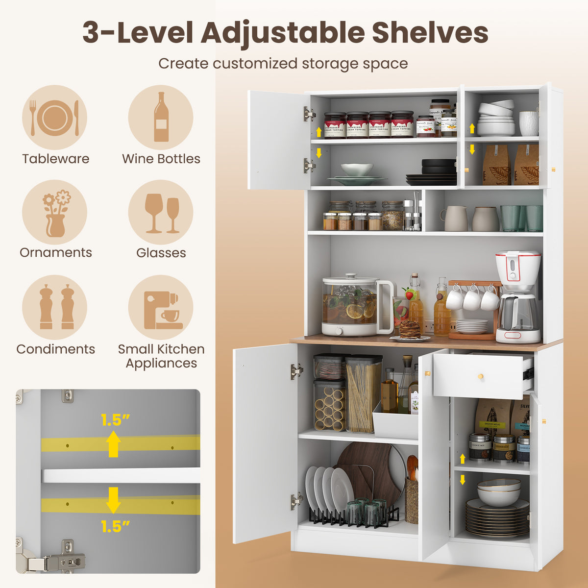 71" Tall Pantry Cabinet with Outlets & USB Ports - White