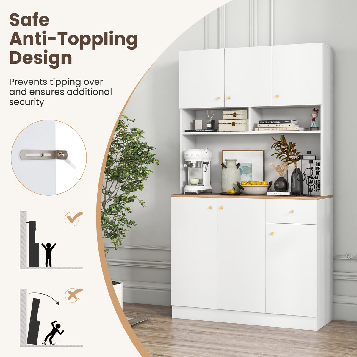 71" Tall Pantry Cabinet with Outlets & USB Ports - White