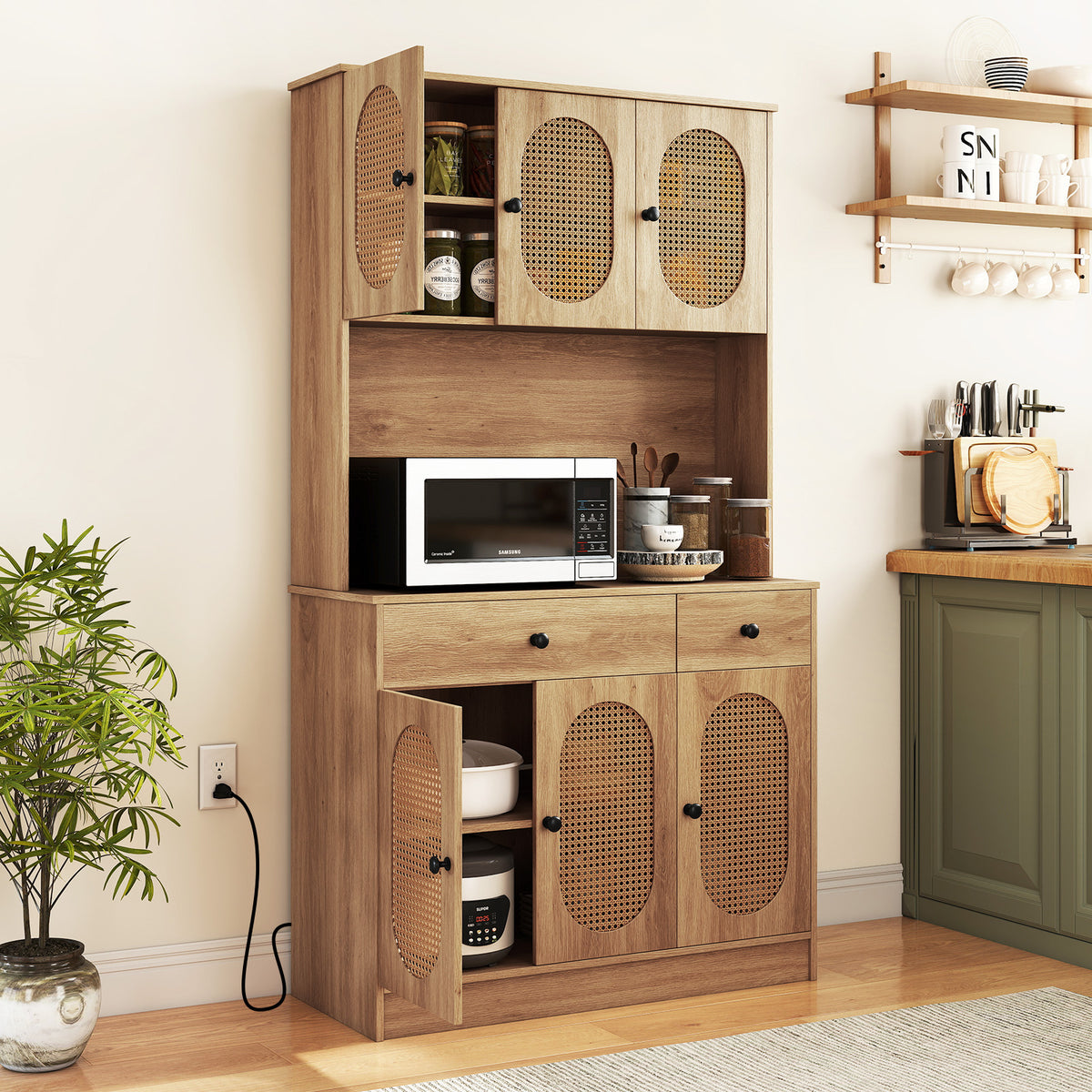 71-Inch Pantry Cabinet with Hutch & Charging Station - Natural