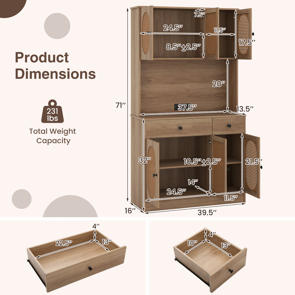 71-Inch Pantry Cabinet with Hutch and Charging Station, Natural