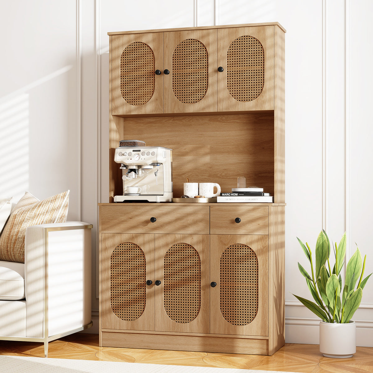 71-Inch Pantry Cabinet with Hutch and Charging Station, Natural