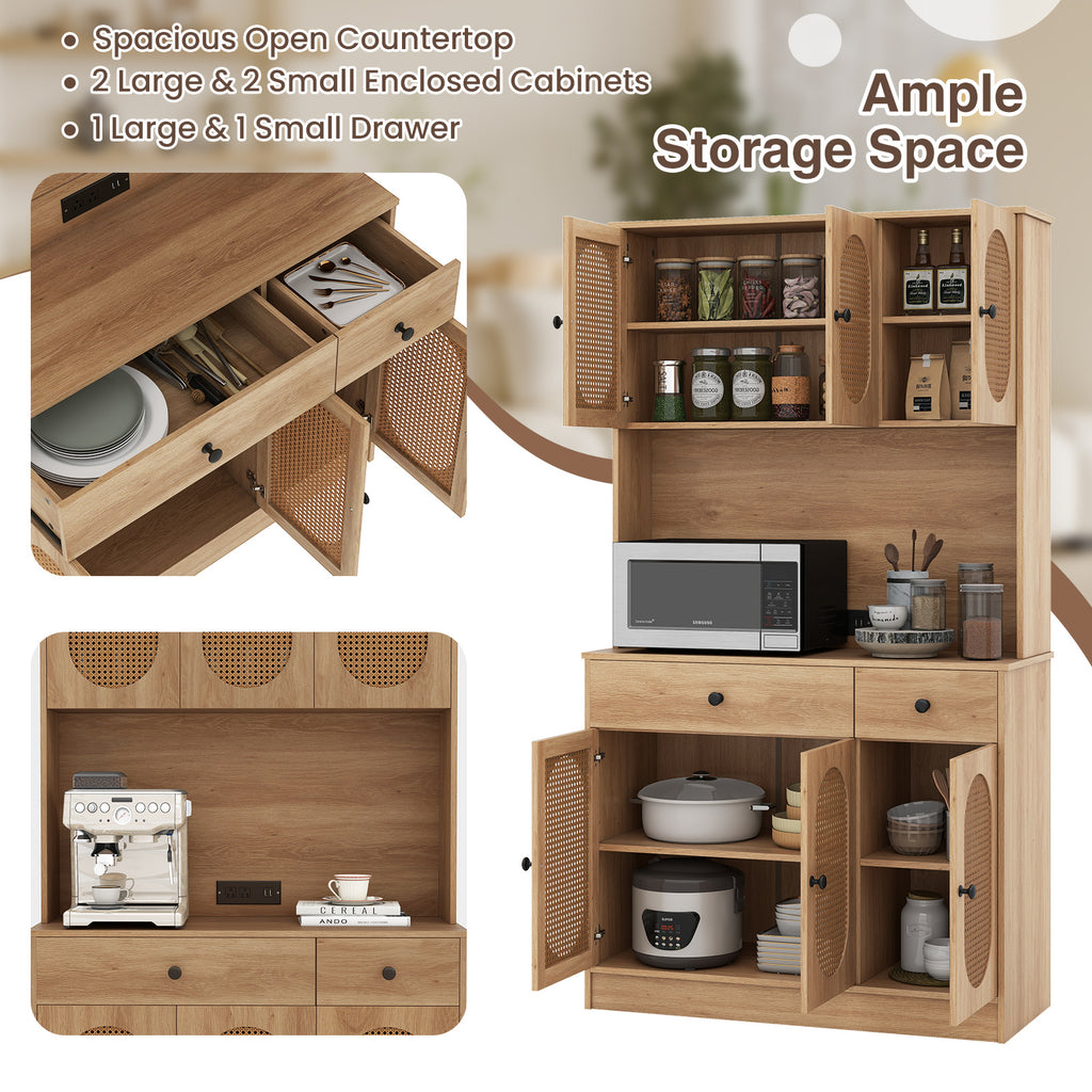 71-Inch Pantry Cabinet with Hutch and Charging Station, Natural