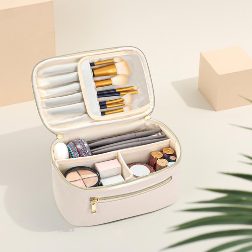 Travel Makeup Bag Organizer, Large Capacity Cosmetic Pouch for Women, Waterproof Make Up Bag with Divider, Clamshell Makeup Case Make Up Bag with Handle and Metal Zipper, Travel Essentials White