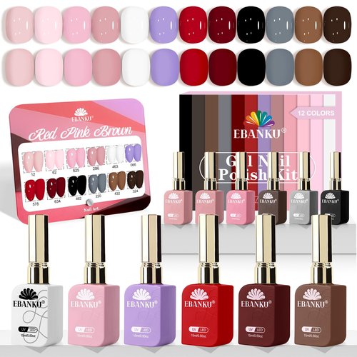 EBANKU 12 Pcs 15ML Gel Nail Polish Set, Same Color Same Bottle Red Pink Nude Brown Fall Soak Off Gel Nail Polish Kit Nail Art Manicure Gifts for Women