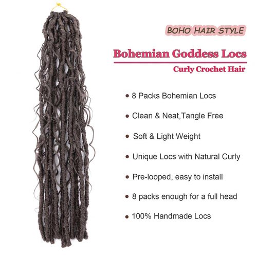8 Packs Goddess Locs Crochet Hair Bohemian Braids 24 Inch Boho Crochet Faux Locs with Curly Crochet Hair for Black Women (4#, 24 Inch(Pack of 8))