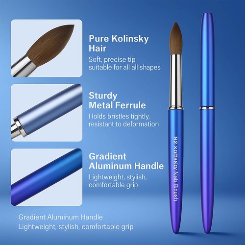 100% Pure Kolinsky Hair Acrylic Nail Art Brushes – Oval Crimped Tip for Acrylic Powder, Gradient Blue Metal Handle, Professional Nail Art Brush for Salon & DIY(#14)