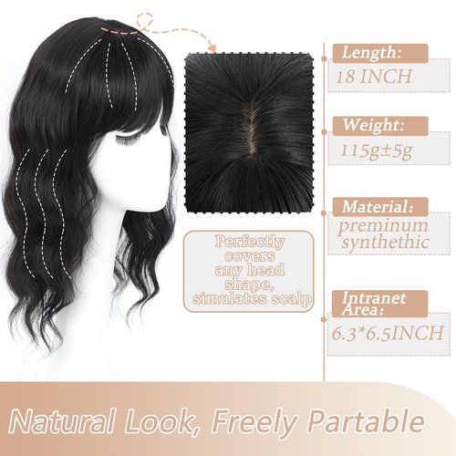 HAITOO Hair Toppers for Women, 18 Inch Toppers Hair Pieces for Women with Thinning Hair Wispy Clip in Bangs 360° 3D Big Coverage Base Curly Wavy (Black, 18Inch Wispy bangs)