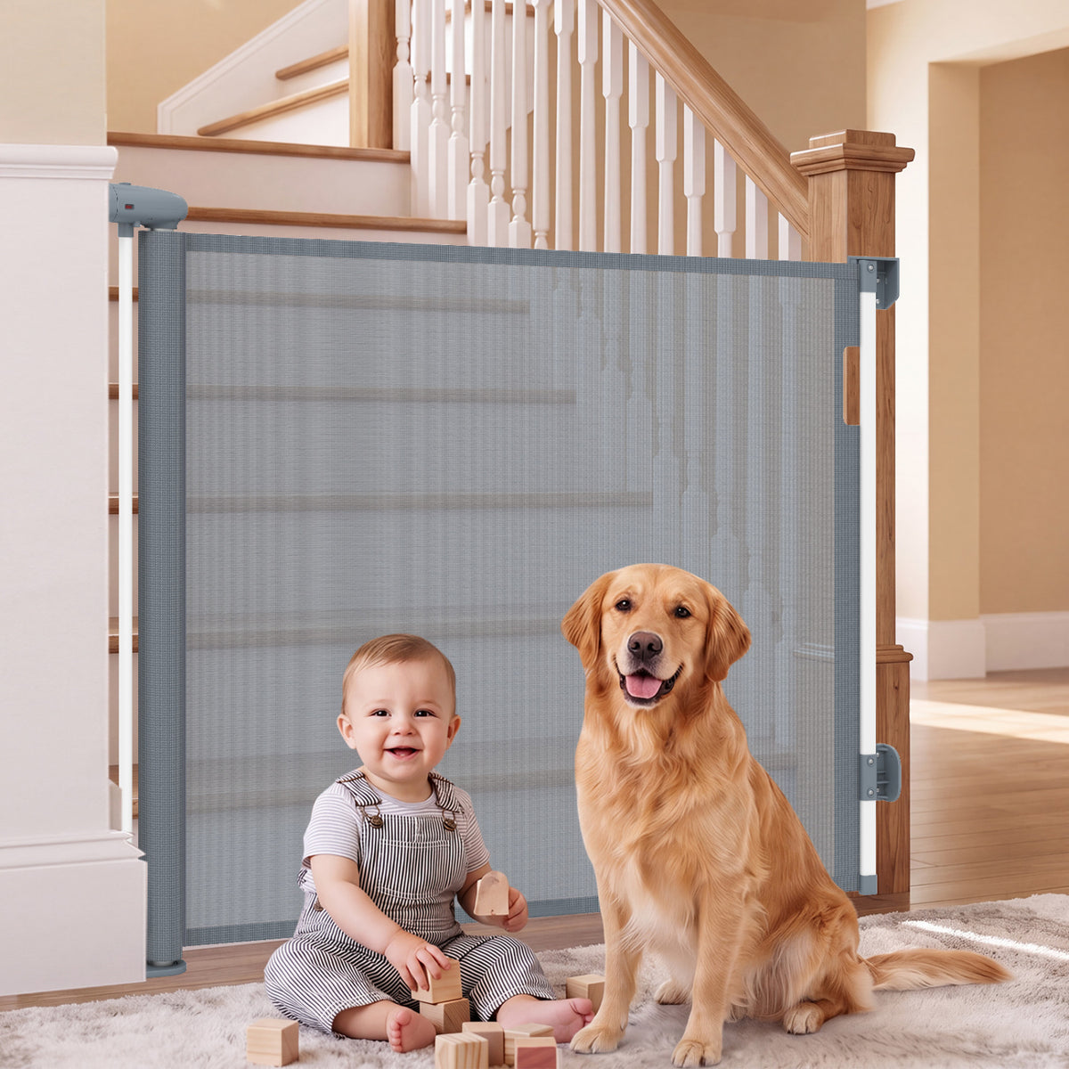 Retractable Baby and Dog Gate 71 Inches Wide, 33.5 Inches Tall, Gray with Safety Lock