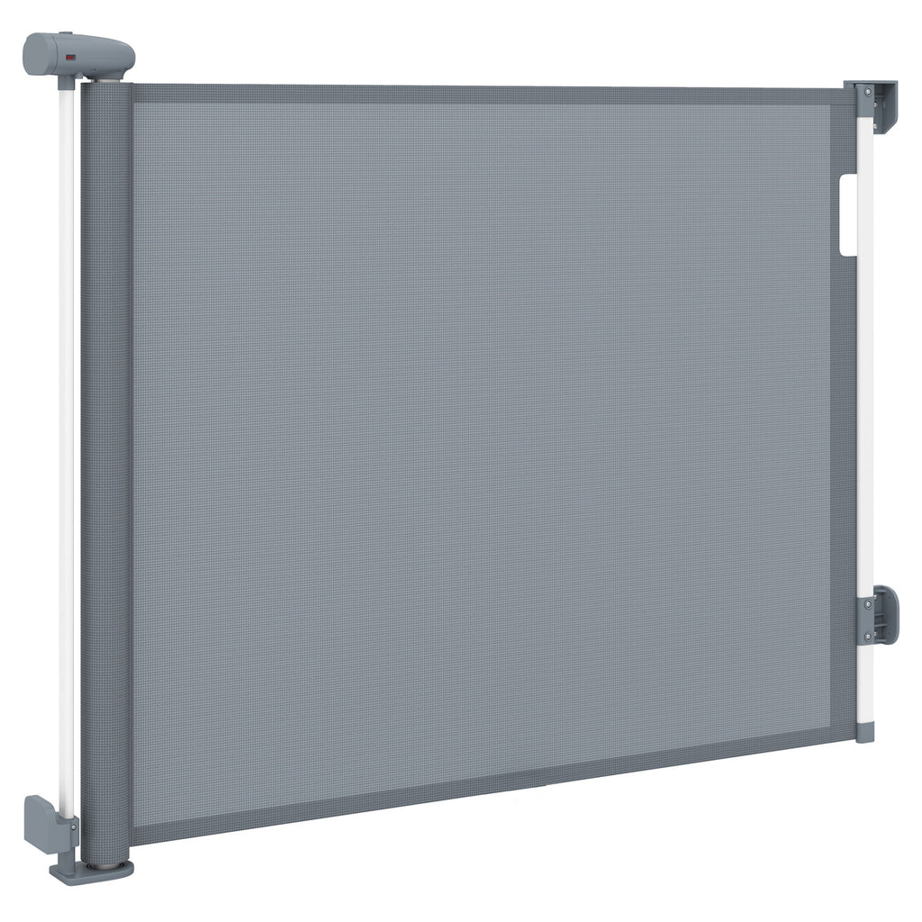 Retractable Baby and Dog Gate 71 Inches Wide, 33.5 Inches Tall, Gray with Safety Lock