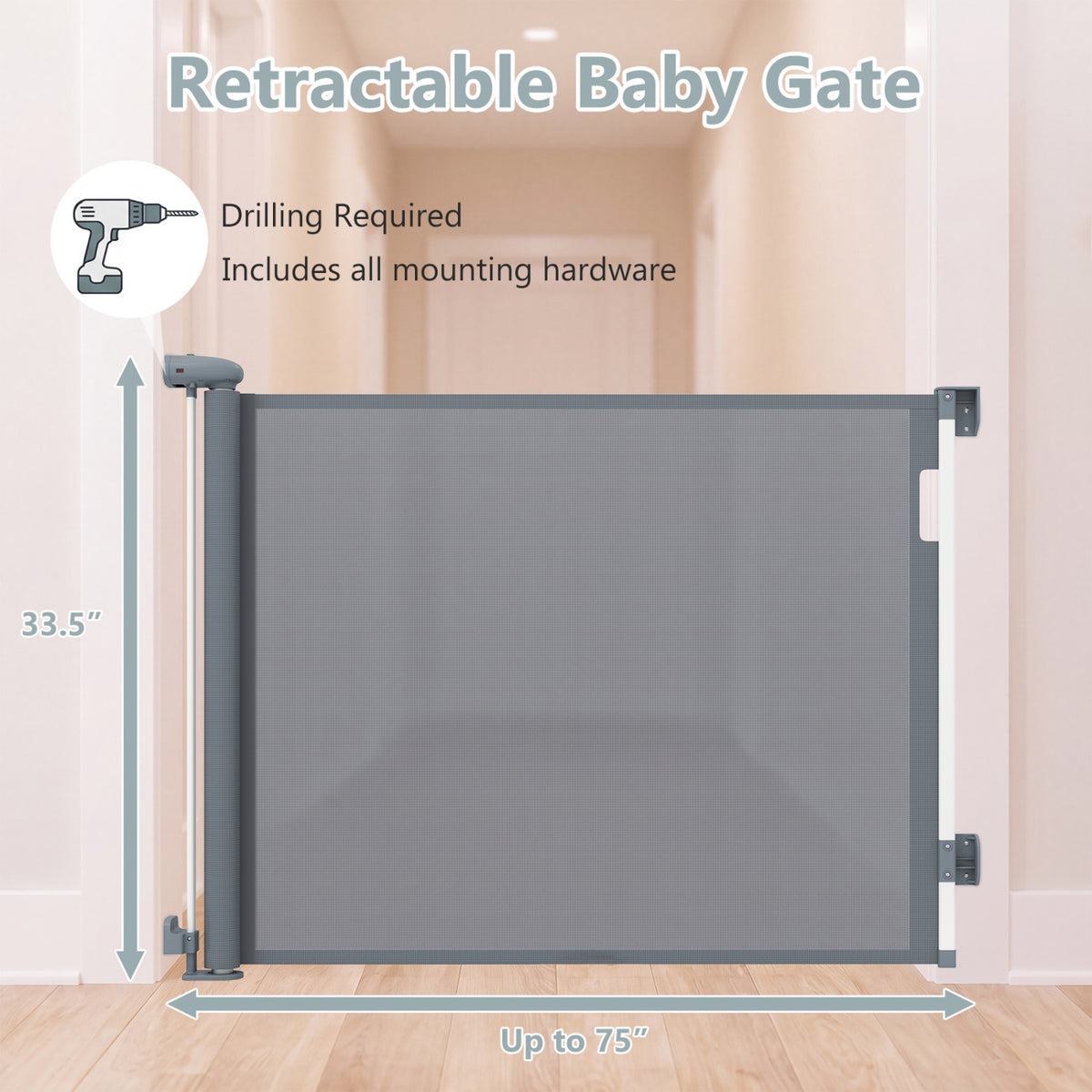 Retractable Baby and Dog Gate 71 Inches Wide, 33.5 Inches Tall, Gray with Safety Lock