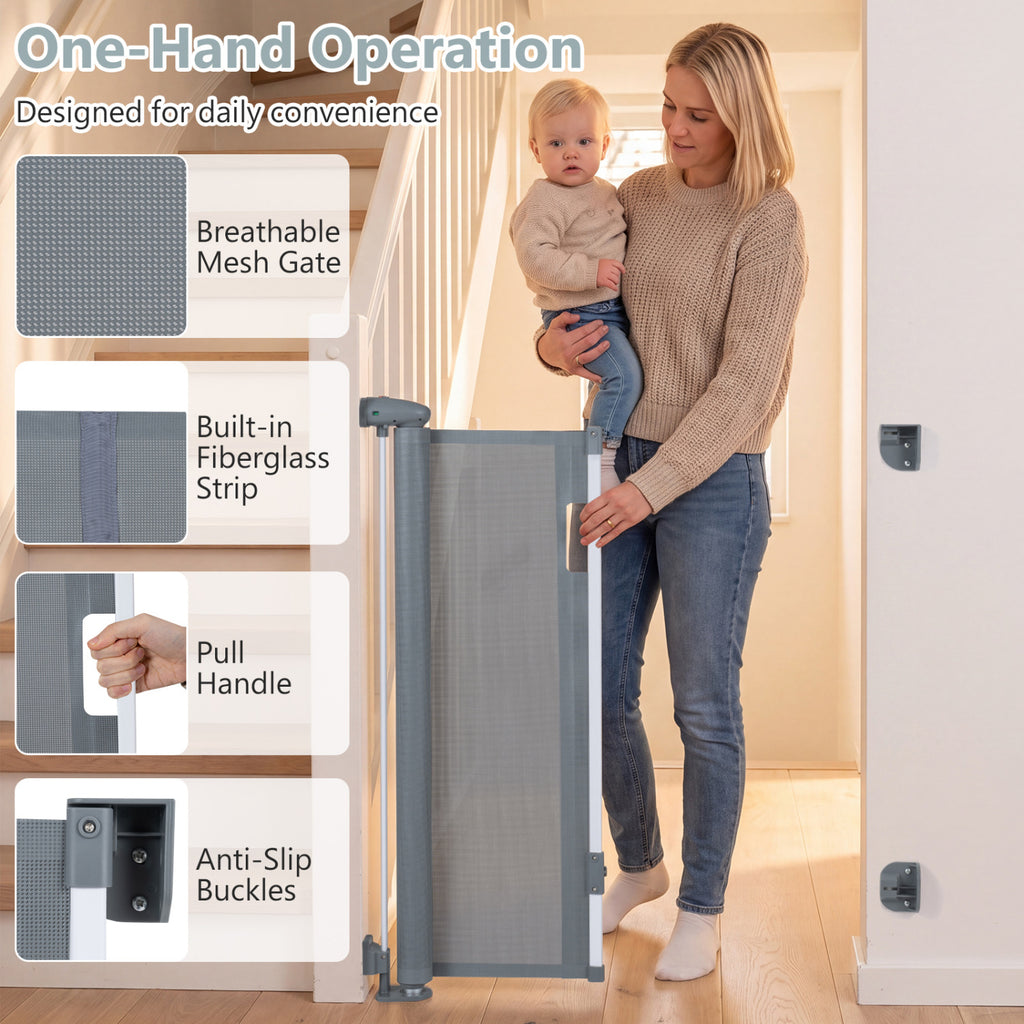 Retractable Baby and Dog Gate 71 Inches Wide, 33.5 Inches Tall, Gray with Safety Lock