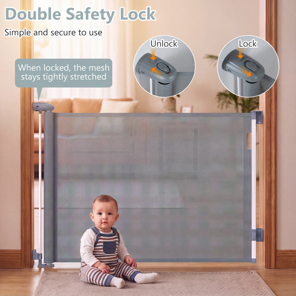 Retractable Baby and Dog Gate 71 Inches Wide, 33.5 Inches Tall, Gray with Safety Lock