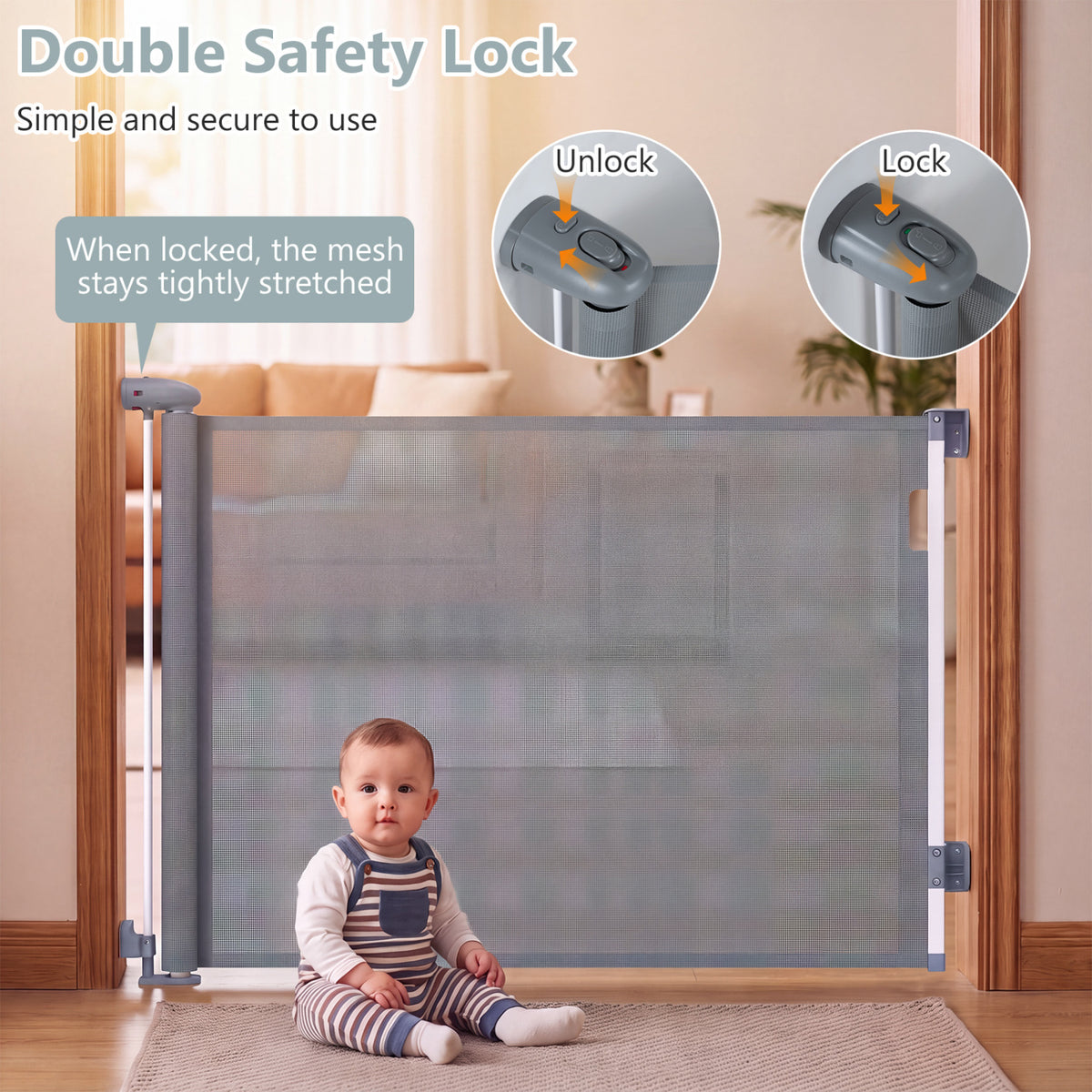 Retractable Baby and Dog Gate 71 Inches Wide, 33.5 Inches Tall, Gray with Safety Lock