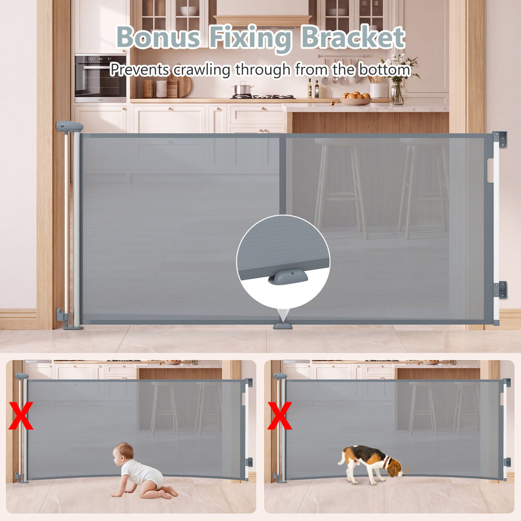 Retractable Baby and Dog Gate 71 Inches Wide, 33.5 Inches Tall, Gray with Safety Lock
