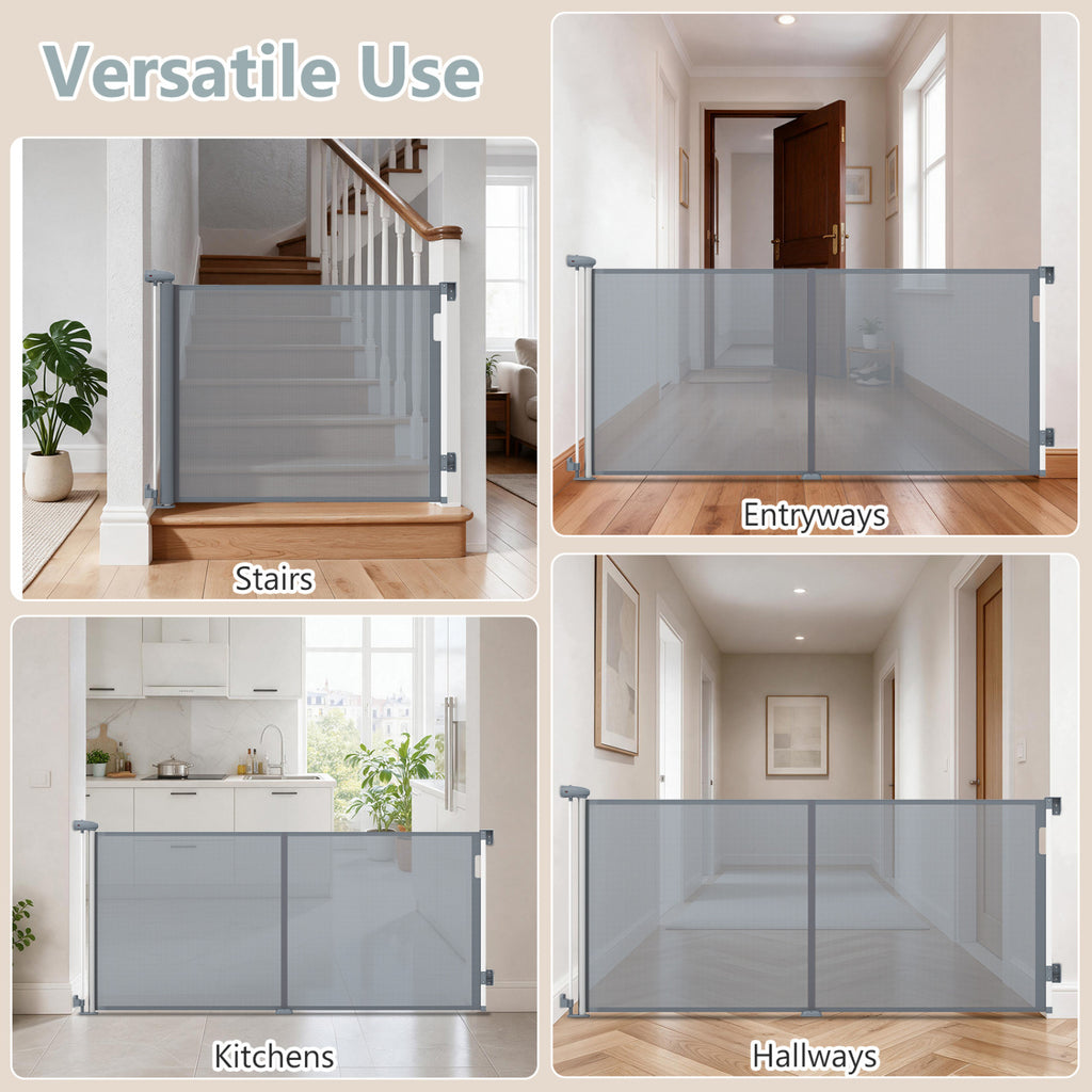Retractable Baby and Dog Gate 71 Inches Wide, 33.5 Inches Tall, Gray with Safety Lock