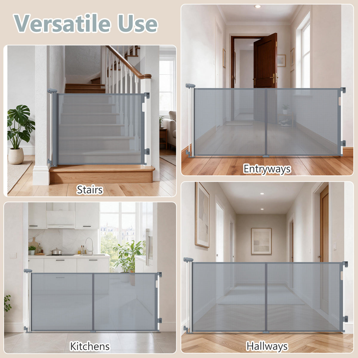 Retractable Baby and Dog Gate 71 Inches Wide, 33.5 Inches Tall, Gray with Safety Lock