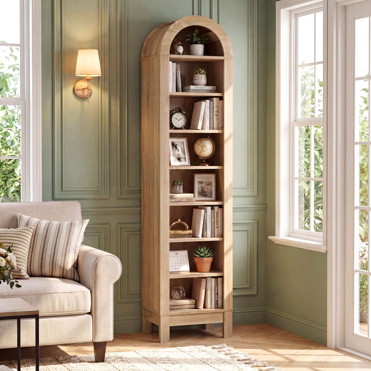 8-Tier Arch Bookshelf with Adjustable Shelves - Natural