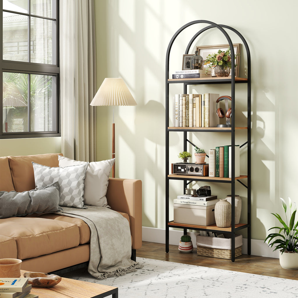 71" Arched Bookcase 4-Tier Storage Shelves - Black & Brown