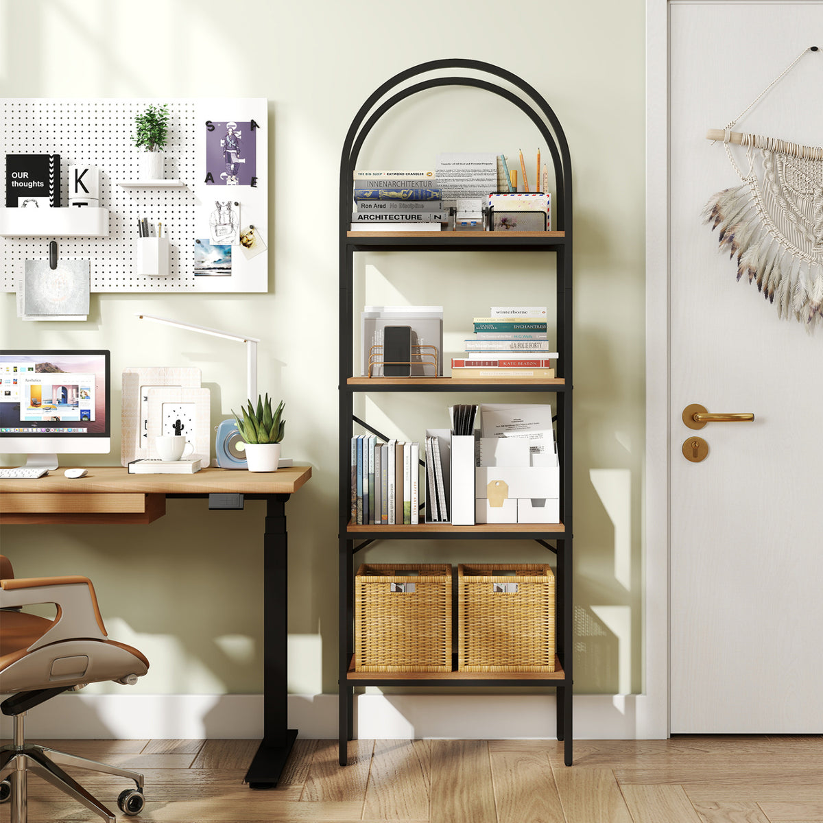 71" Arched Bookcase 4-Tier Storage Shelves - Black & Brown