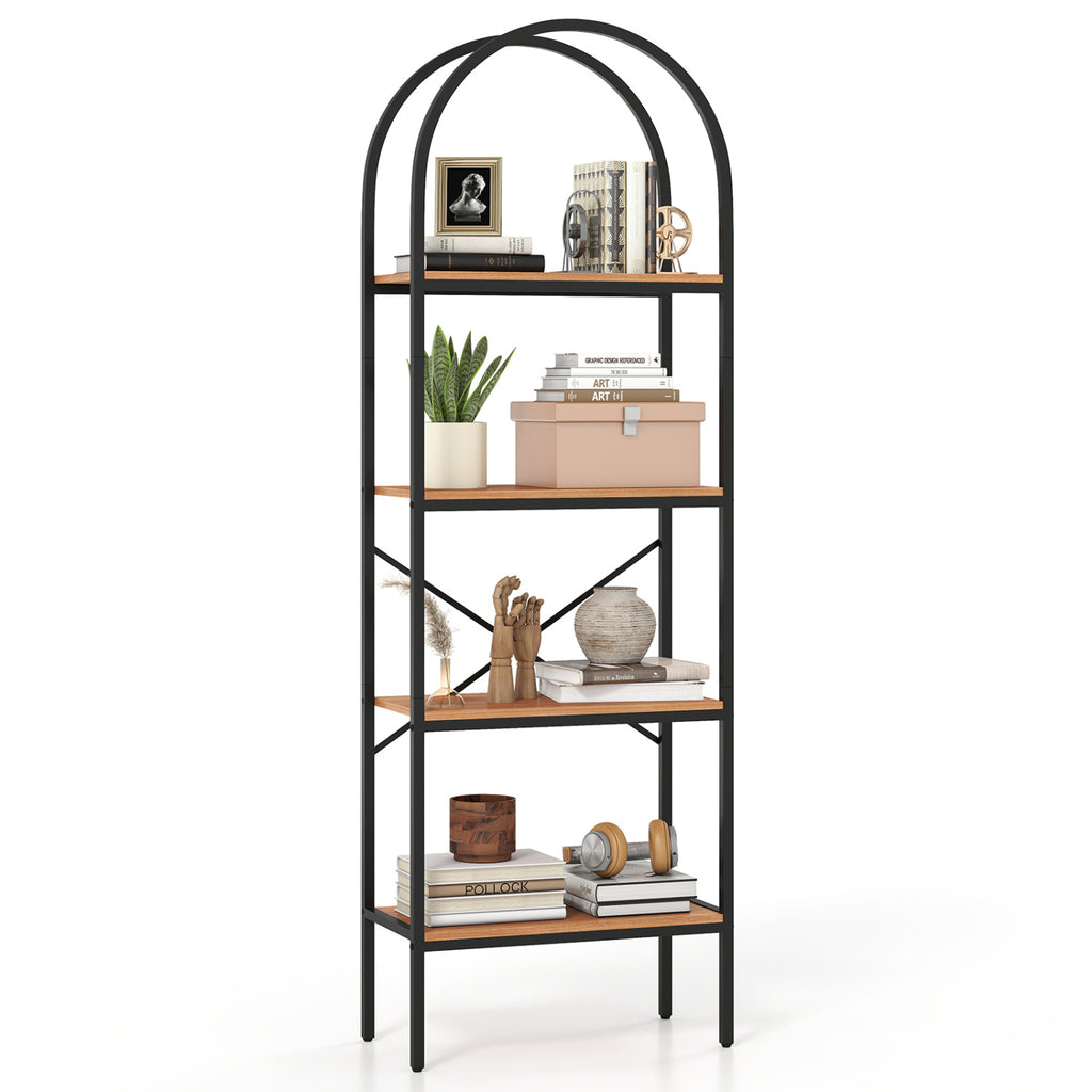 71" Arched Bookcase 4-Tier Storage Shelves - Black & Brown