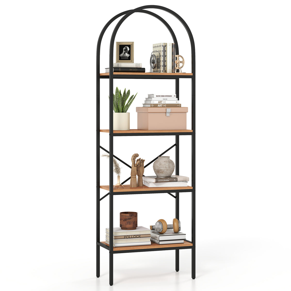 71" Arched Bookcase 4-Tier Storage Shelves - Black & Brown