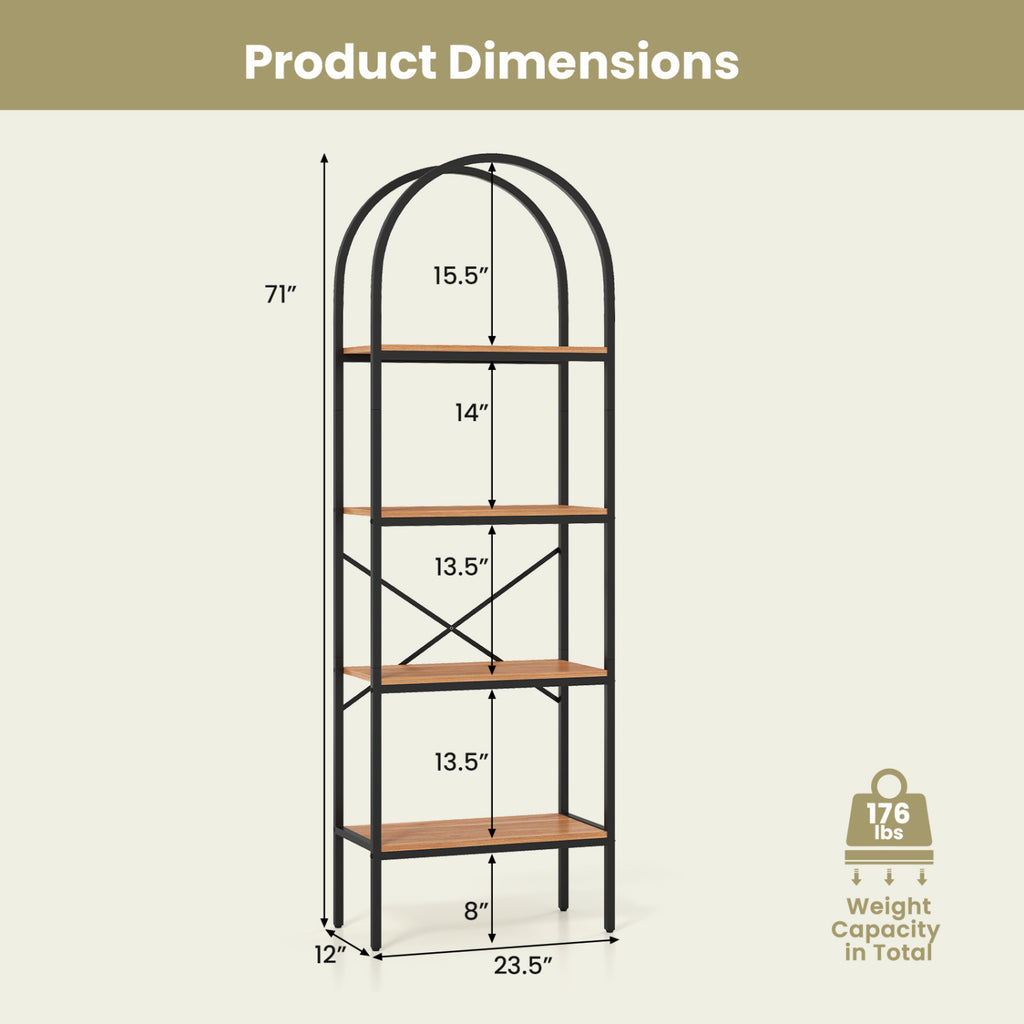 71" Arched Bookcase 4-Tier Storage Shelves - Black & Brown