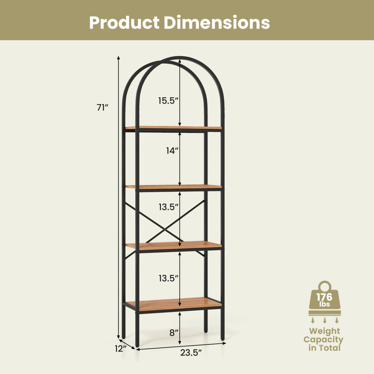 71" Arched Bookcase 4-Tier Storage Shelves - Black & Brown