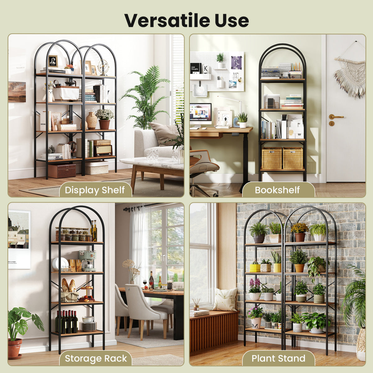 71" Arched Bookcase 4-Tier Storage Shelves - Black & Brown