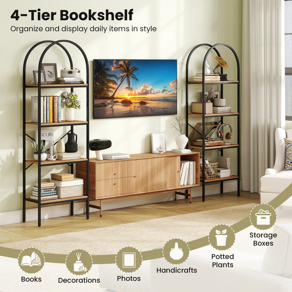 71" Arched Bookcase 4-Tier Storage Shelves - Black & Brown
