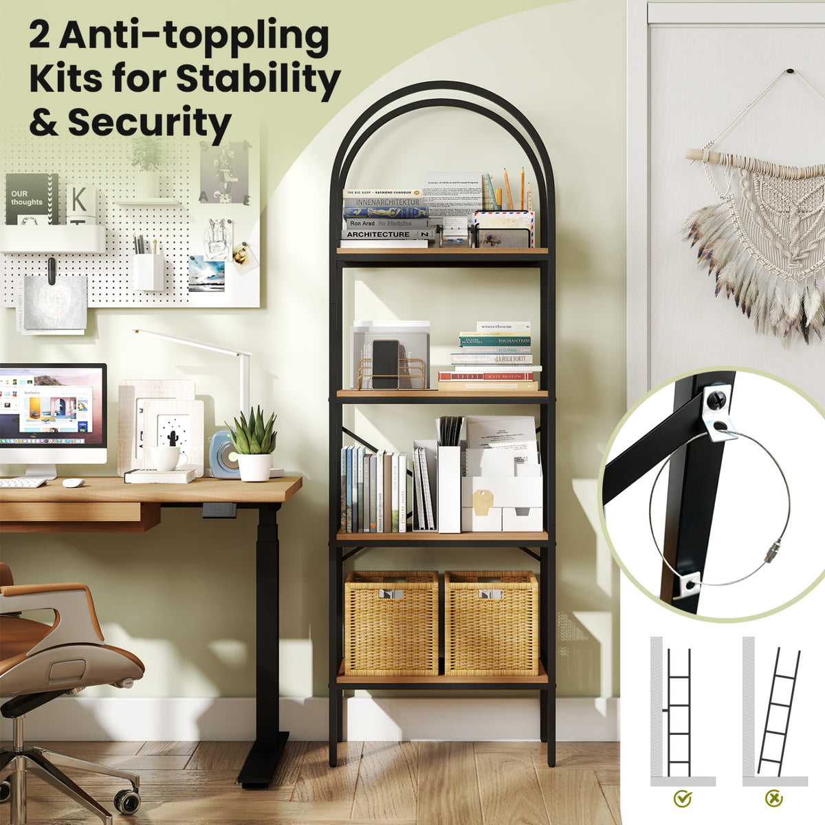 71" Arched Bookcase 4-Tier Storage Shelves - Black & Brown