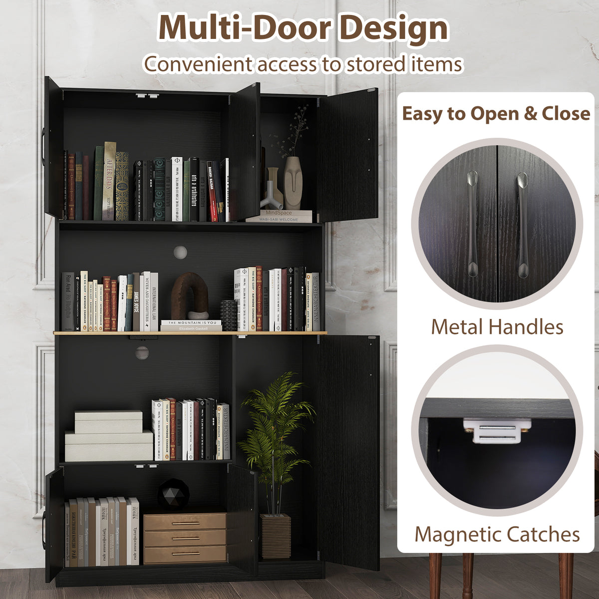 71" Tall Kitchen Pantry Cabinet with Charging Station - Black