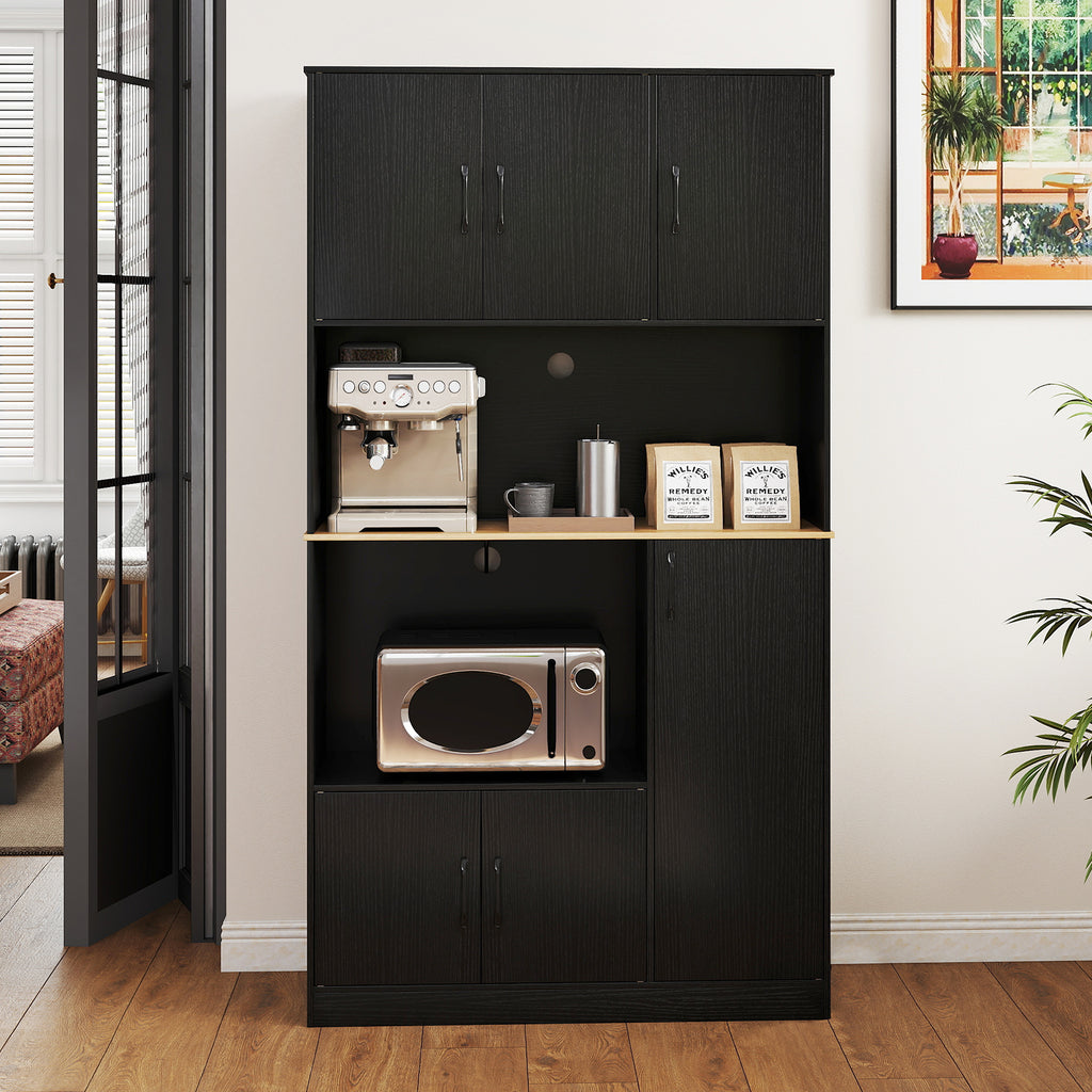 71" Tall Kitchen Pantry Cabinet with Charging Station - Black