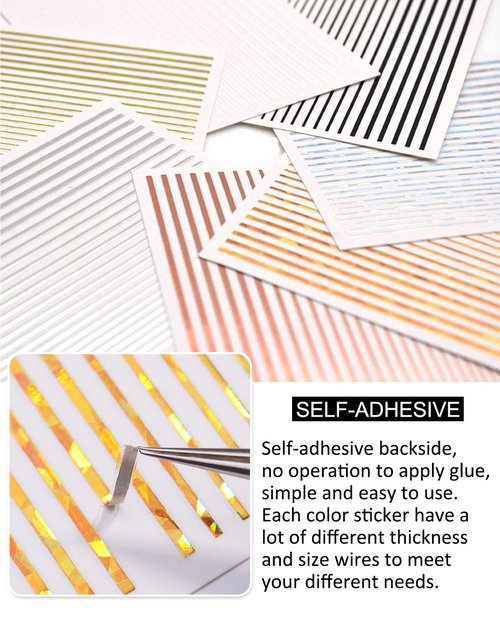 7 Sheets Nail Striping Tape Metallic Lines French Tip Manicure Strip Adhesive Holographic Foil Design Gold Sticker Decals for Nail Art
