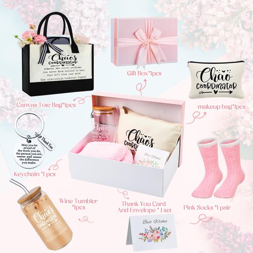Paterr 7 Pcs Coworker Gifts for Women Thank You Gifts Include Tote Bag Makeup Bag 18oz Cup Socks Keychain Thank You Card and Box for Coworker Nurse Wife