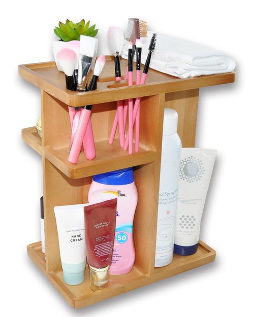 Spiretro Rotating Cosmetic Modular Organizer, Multi-Function Storage, 360 degree Carousel for Makeup, Toiletries, Vanity, Desk, Countertop, Bedroom, Closet, Solid Natural Wood with Acacia Brown