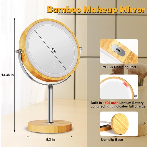 SLIMOON 8" Lighted Makeup Mirror with Bamboo Stand, 1X/10X Double Sided Magnifying Vanity Mirror with Lights, 3 Colors Dimmable Lightning, Gifts for Women Mom Teen Girls
