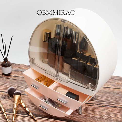 OBMMIRAO Elegant Dustproof Makeup Storage Organizer Box, Waterproof Medium Cosmetics Organizer Storage with Drawers Skincare Cosmetic Display Cases for Countertop Bathroom Dresser Dedroom