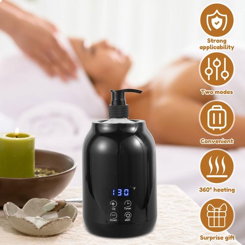 RVEFOT Massage Oil Warmer with Two Bottle Dispenser, Smart Touch Key Electric Lotion Heater for Home SPA, Temperature Adjustable, Lube Cream Gel Warmer (Black)