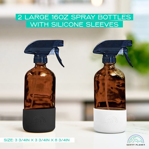 SAVVY PLANET Empty Amber Glass Spray Bottles with Silicone Sleeve Protection - Refillable 16 oz Containers for Cleaning Products, Essential Oils, Misting Plants - Quality Sprayer - 2 Pack