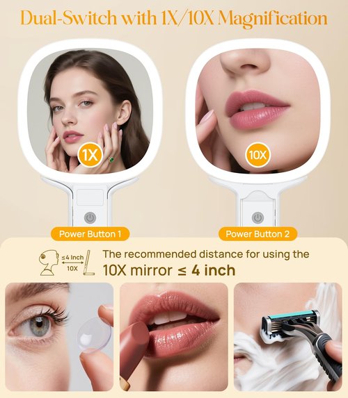 Gospire 6.8" Travel Vanity Mirror, 3-in-1 Hanging/Handheld/Desktop Use with Dual-Side Buttons, 1X/10X Magnification, 3-Color Dimmable LED, Auto Memory + Velvet Pouch (White)