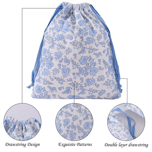 LYDZTION 4pcs Floral Drawstring Makeup Bags Pouches For Purse, Small Canvas Cloth Gift Bags Pouch For Cosmetics Jewerlry Home Travel Storage,Blue