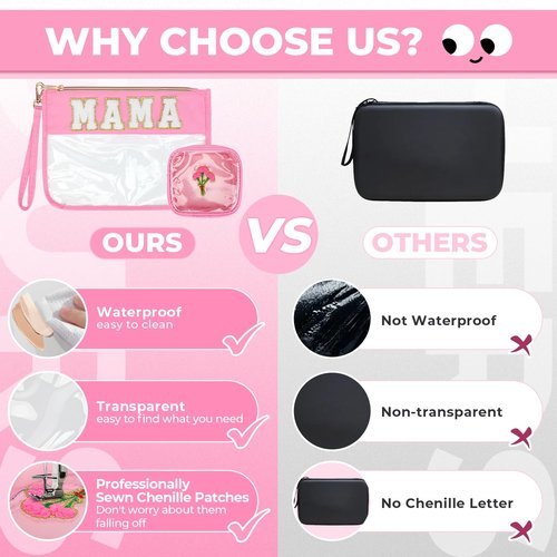 Aintmax 2Pcs Clear Mama Bag Chenille Varsity Letter Makeup Bag Preppy Patch Pouch Waterproof PVC Toiletry Organizer Flat Travel Cosmetic Bag Mother's Day Gifts for Mom Women(Mama-Pink)