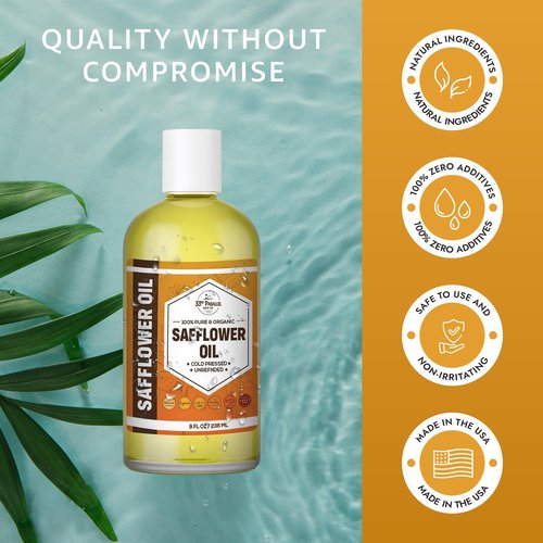 ORGANIC SAFFLOWER OIL (32 oz) Premium Cold Pressed Unrefined | 100% Pure Safflower Oil for Skin, Face, Hair, Soap Making | Carrier for Essential Oils | Available in Bulk | 32 FL OZ