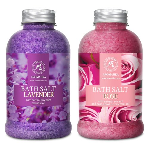 Bath Sea Salt Set 2х21.16Oz - Bath Salt Lavander & Rose - Lavender Essential Oil - Natural Rosewood Oil & Rose Extract - Aromatherapy - Relaxing - Body Care - Beauty - De-Stress Bath Salts