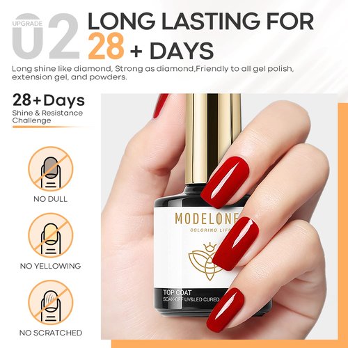 modelones Gel UV LED Nail Lamp with UV Gloves and Gel Top Coat and Base Coat, 2Pcs 10ml Gel Nail Polish No Wipe Top Coat Set, Glossy Shine Long Lasting LED Soak Off For Home DIY and Nail Salon