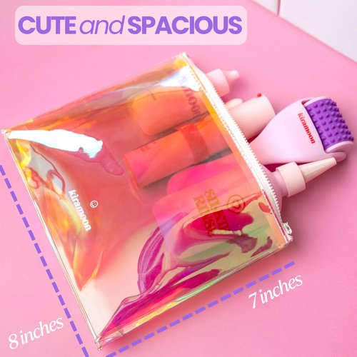 Kiramoon Magic Pouch Cute Clear Iridescent Holographic Makeup Bag Toiletry Cosmetic Bag Gifts for Women Girls Teens Friends Bachelorette Rainbow Waterproof
