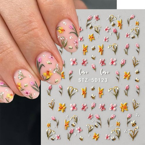 JMEOWIO 3D Embossed Flower Fruit Nail Art Stickers Decals Self-Adhesive 5D Nail Supplies Nail Art Design Decoration Accessories 4 Sheets