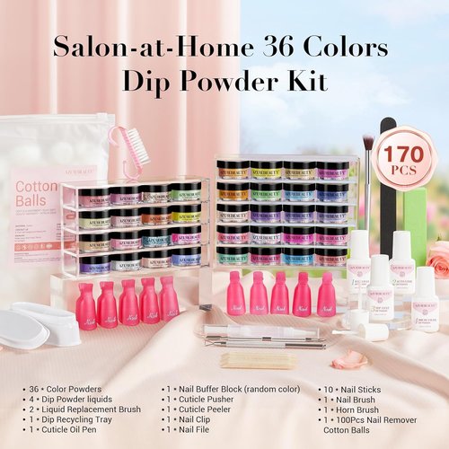AZUREBEAUTY 170Pcs Dip Powder Nail Kit, 36 Color Neon Bright Blue Yellow with Dipping Powder Base/top Coat Activator Liquid Set & Removel Kit for French Nail Art Salon DIY Home